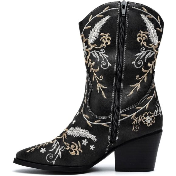 ANJOUFEMME Cowboy Boots for Women, Chunky Heel Mid-Calf, Side Zip, Pointy Toe - Picture 2 of 9